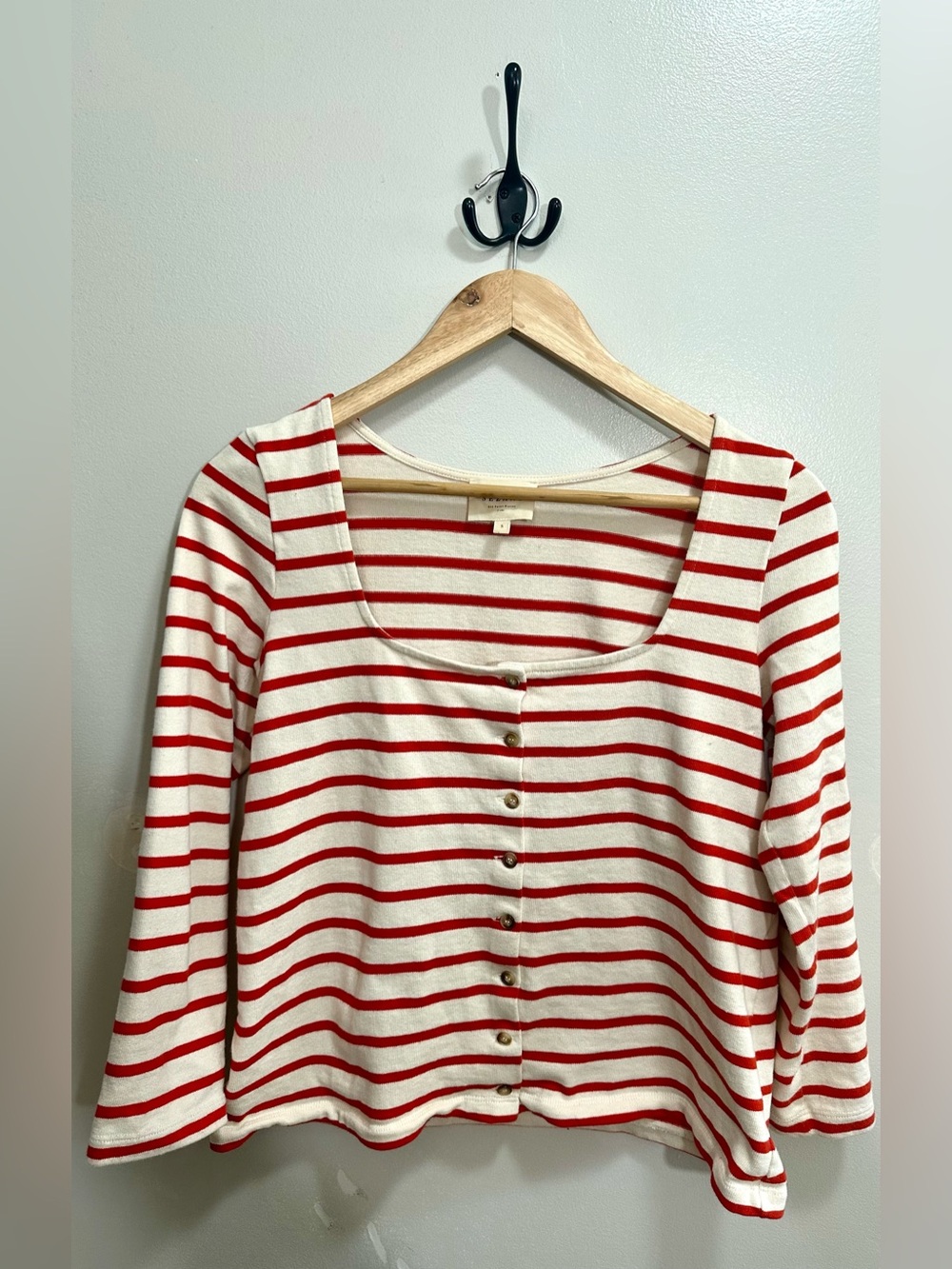 Sezane Red and Cream Striped Square-Neck Cardigan Linea Marinière Size S - Picture 3 of 11
